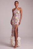 Pink Halter Sequins Sheath Organza Tiered Ruffled Long Prom Dress with Side Slit