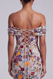Light Grey Off the Shoulder Floral Mermaid Sequins Long Prom Dress