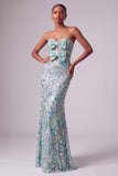 Dusty Blue Floral Sequins Mermaid Strapless Long Prom Dress with Bow