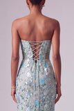 Dusty Blue Floral Sequins Mermaid Strapless Long Prom Dress with Bow