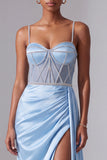 Light Blue Spaghetti Straps Sheath Satin Ruched Rhinestone Long Prom Dress with Slit