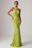 Halter Neck Green Mermaid Cut Out Sequins Embroidery Long Prom Dress with 3D Flowers