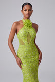 Halter Neck Green Mermaid Cut Out Sequins Embroidery Long Prom Dress with 3D Flowers