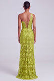 One Shoulder Green Sequins Ruched Sheath Tulle Long Prom Dress with Slit