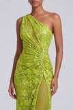 One Shoulder Green Sequins Ruched Sheath Tulle Long Prom Dress with Slit