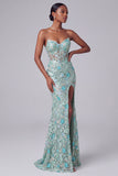 Dusty Blue Corset Sheer V-Neck Floral Sequins Embroidery Mermaid Long Prom Dress with Slit