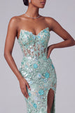Dusty Blue Corset Sheer V-Neck Floral Sequins Embroidery Mermaid Long Prom Dress with Slit
