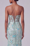 Dusty Blue Corset Sheer V-Neck Floral Sequins Embroidery Mermaid Long Prom Dress with Slit