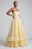 Yellow Corset Strapless Jacquard Tiered A-Line Long Prom Dress with Ruffled Hem