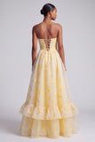 Yellow Corset Strapless Jacquard Tiered A-Line Long Prom Dress with Ruffled Hem