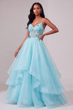 Light Blue Corset Spaghetti Straps A-Line Sequins Asymmetrical Tiered Ruffled Long Prom Dress