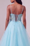 Light Blue Corset Spaghetti Straps A-Line Sequins Asymmetrical Tiered Ruffled Long Prom Dress