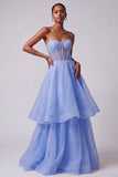 Blue Corset Sheer Pearls Strapless A-Line Tiered Long Prom Dress