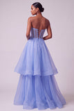 Blue Corset Sheer Pearls Strapless A-Line Tiered Long Prom Dress