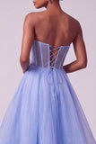 Blue Corset Sheer Pearls Strapless A-Line Tiered Long Prom Dress