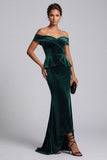 Off the Shoulder Dark Green Sheath Velvet High Low Long Mother of the Bride Dress