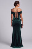 Off the Shoulder Dark Green Sheath Velvet High Low Long Mother of the Bride Dress