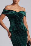 Off the Shoulder Dark Green Sheath Velvet High Low Long Mother of the Bride Dress