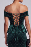Off the Shoulder Dark Green Sheath Velvet High Low Long Mother of the Bride Dress