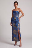 Dark Blue Sheath Ruffles Strapless Long Mother of the Bride Dress with Side Slit