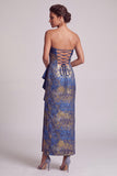 Dark Blue Sheath Ruffles Strapless Long Mother of the Bride Dress with Side Slit