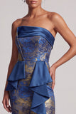 Dark Blue Sheath Ruffles Strapless Long Mother of the Bride Dress with Side Slit