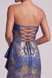 Dark Blue Sheath Ruffles Strapless Long Mother of the Bride Dress with Side Slit