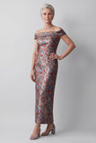 Off the Shoulder Grey Jacquard Sheath Long Mother of the Bride Dress