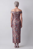 Off the Shoulder Grey Jacquard Sheath Long Mother of the Bride Dress