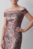 Off the Shoulder Grey Jacquard Sheath Long Mother of the Bride Dress