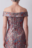 Off the Shoulder Grey Jacquard Sheath Long Mother of the Bride Dress