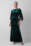 Dark Green Sheath Ruched Beaded Bateau Neck Mother of the Bride Dress with Slit Flutter Sleeves