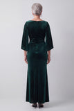 Dark Green Sheath Ruched Beaded Bateau Neck Mother of the Bride Dress with Slit Flutter Sleeves