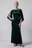 Dark Green Sheath Ruched Beaded Bateau Neck Mother of the Bride Dress with Slit Flutter Sleeves