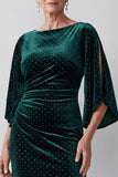 Dark Green Sheath Ruched Beaded Bateau Neck Mother of the Bride Dress with Slit Flutter Sleeves