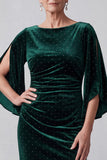 Dark Green Sheath Ruched Beaded Bateau Neck Mother of the Bride Dress with Slit Flutter Sleeves
