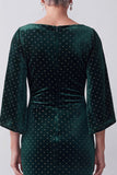 Dark Green Sheath Ruched Beaded Bateau Neck Mother of the Bride Dress with Slit Flutter Sleeves