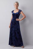 Navy Velvet Lace A-Line Long Mother of the Bride Dress with Cap Sleeves