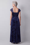Navy Velvet Lace A-Line Long Mother of the Bride Dress with Cap Sleeves