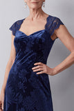 Navy Velvet Lace A-Line Long Mother of the Bride Dress with Cap Sleeves