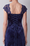 Navy Velvet Lace A-Line Long Mother of the Bride Dress with Cap Sleeves