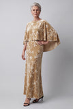 Velvet Champagne Bateau Neck Floral Printed Long Mother of the Bride Dress with Cape