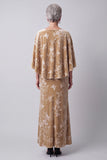Velvet Champagne Bateau Neck Floral Printed Long Mother of the Bride Dress with Cape