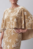 Velvet Champagne Bateau Neck Floral Printed Long Mother of the Bride Dress with Cape