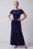Navy Velvet Floral Flutter Sleeves Bateau Neck Long Mother of the Bride Dress