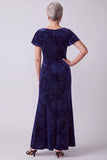 Navy Velvet Floral Flutter Sleeves Bateau Neck Long Mother of the Bride Dress