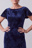 Navy Velvet Floral Flutter Sleeves Bateau Neck Long Mother of the Bride Dress