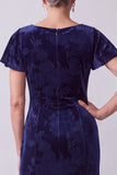 Navy Velvet Floral Flutter Sleeves Bateau Neck Long Mother of the Bride Dress