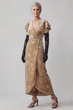 Champagne Ruched V-Neck Sheath Long Mother of the Bride Dress with Ruffle Flutter Sleeves