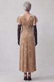 Champagne Ruched V-Neck Sheath Long Mother of the Bride Dress with Ruffle Flutter Sleeves